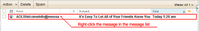 AOL mail: Right-click the message in the list