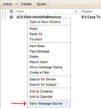 AOL: click View Message Source