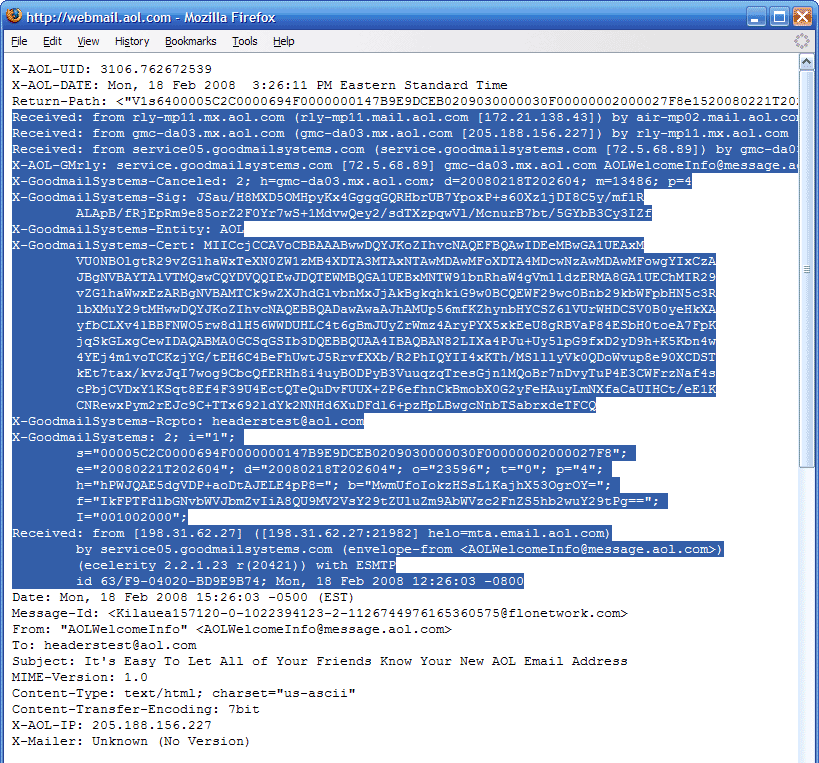 Track email headers in AOL mail