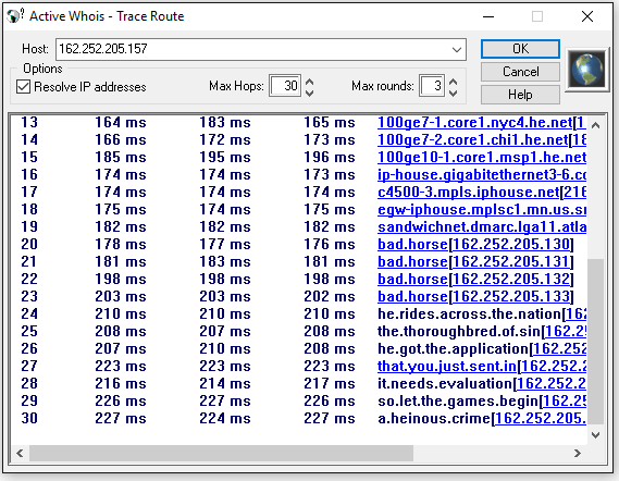 Traceroute ip address with Active Whois on Windows 10