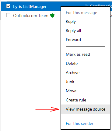 Outlook: click View message source for email headers